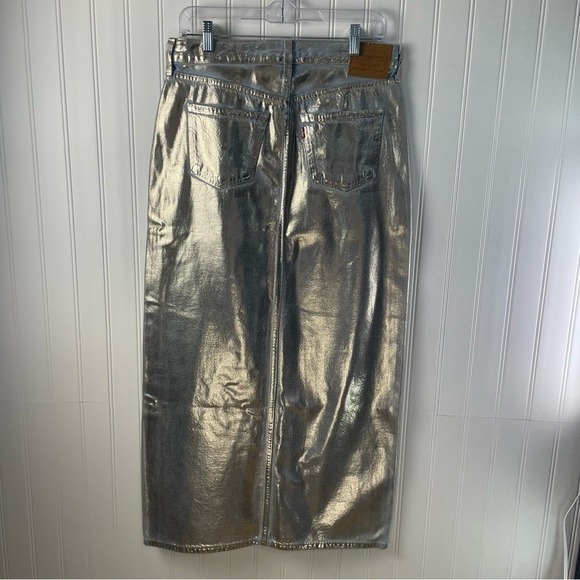 LEVI'S METALLIC GOLD REVOLVE DENIM MAXI SKIRT FRONT SLIT SZ 28 NWT - Picture 2 of 10